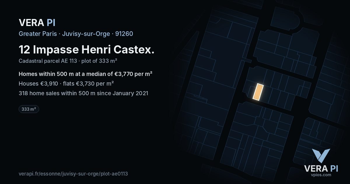 12 Impasse Henri Castex, Juvisy-sur-Orge at night – the plot lit, the parcels around coloured by the prices near them