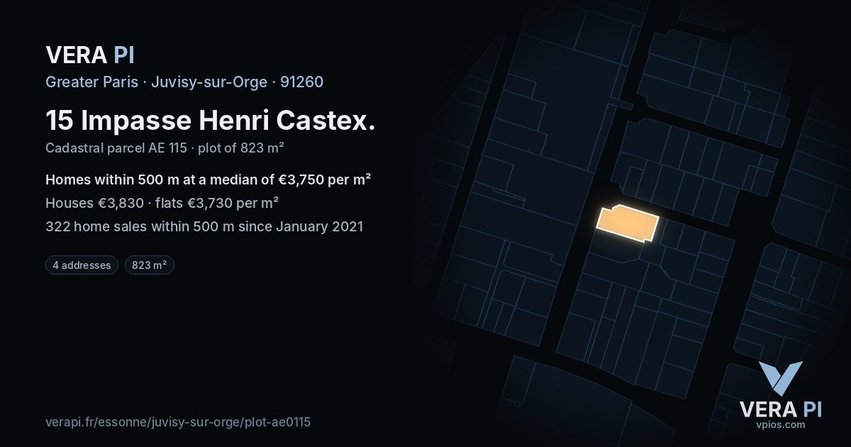 15 Impasse Henri Castex, Juvisy-sur-Orge at night – the plot lit, the parcels around coloured by the prices near them