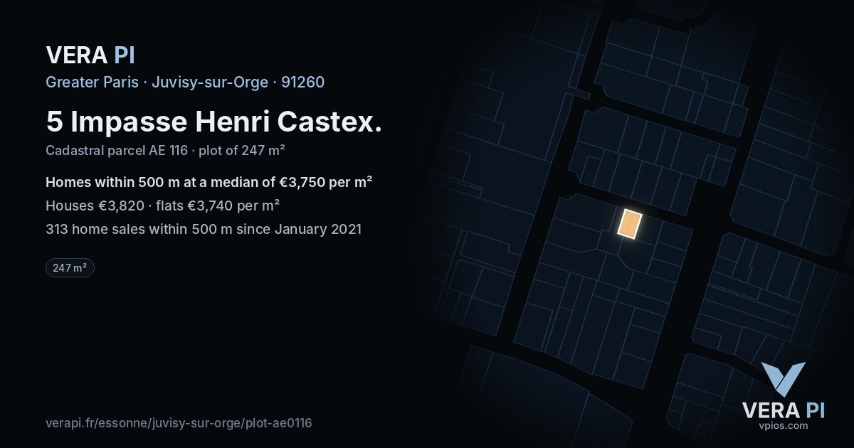 5 Impasse Henri Castex, Juvisy-sur-Orge at night – the plot lit, the parcels around coloured by the prices near them