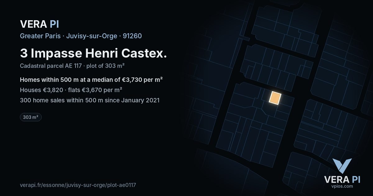 3 Impasse Henri Castex, Juvisy-sur-Orge at night – the plot lit, the parcels around coloured by the prices near them