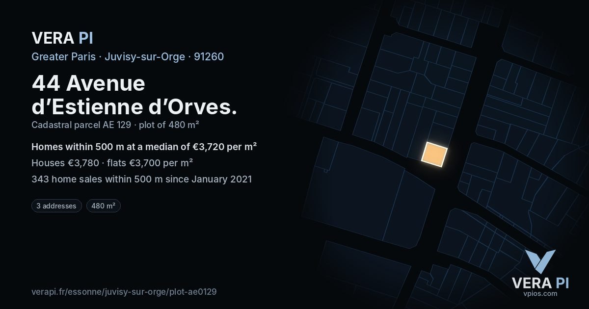 44 Avenue d’Estienne d’Orves, Juvisy-sur-Orge at night – the plot lit, the parcels around coloured by the prices near them