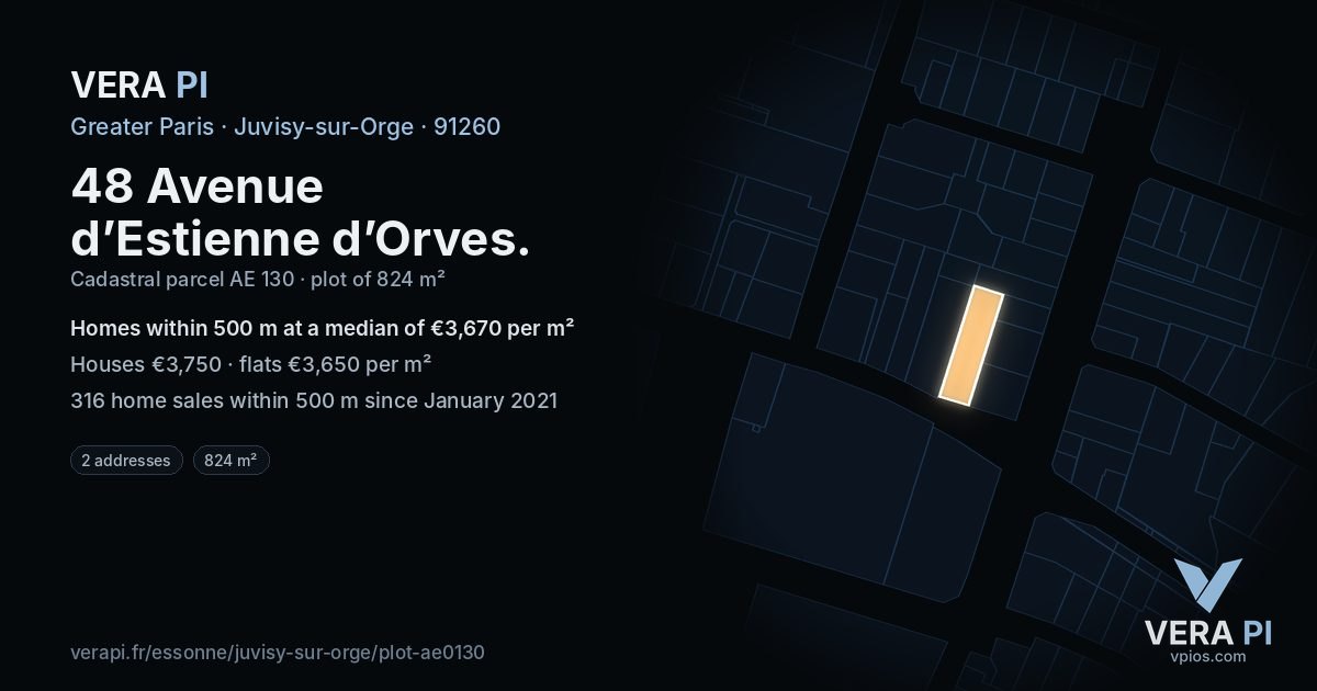 48 Avenue d’Estienne d’Orves, Juvisy-sur-Orge at night – the plot lit, the parcels around coloured by the prices near them