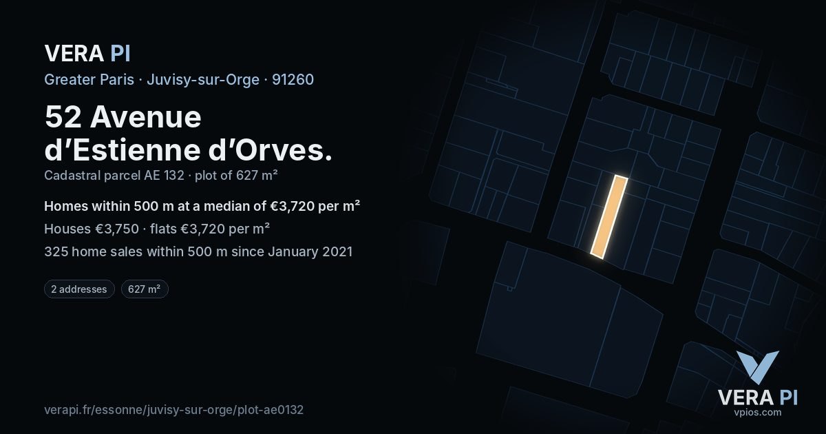 52 Avenue d’Estienne d’Orves, Juvisy-sur-Orge at night – the plot lit, the parcels around coloured by the prices near them