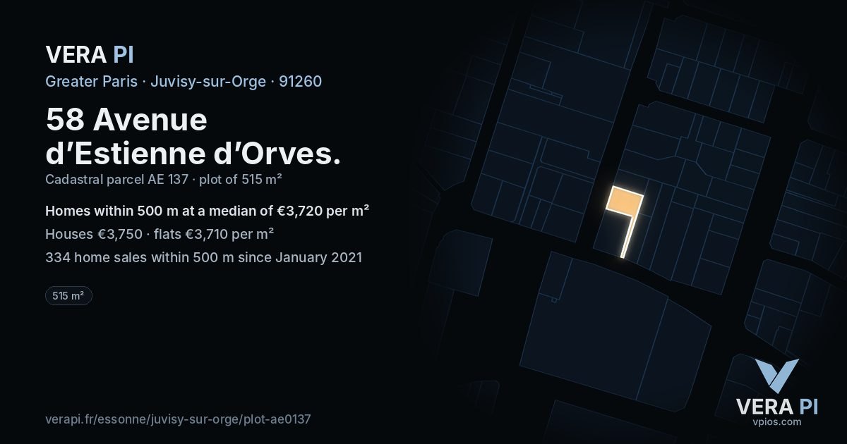 58 Avenue d’Estienne d’Orves, Juvisy-sur-Orge at night – the plot lit, the parcels around coloured by the prices near them
