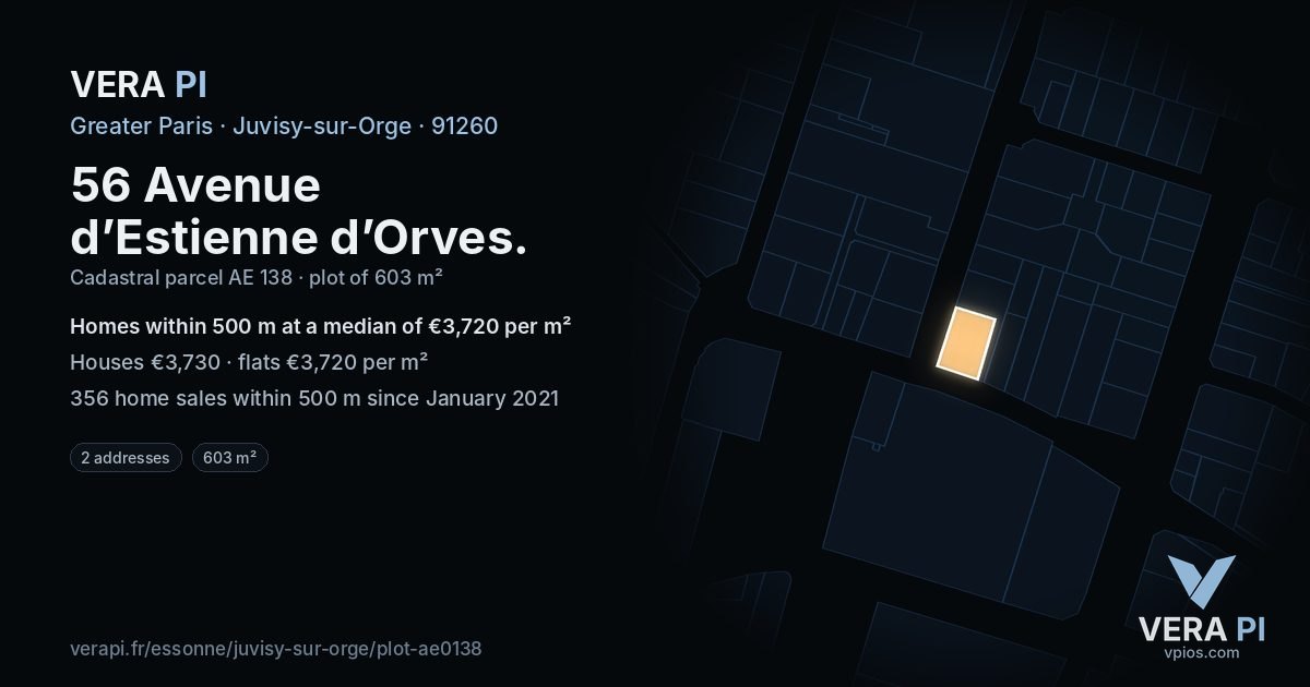 56 Avenue d’Estienne d’Orves, Juvisy-sur-Orge at night – the plot lit, the parcels around coloured by the prices near them