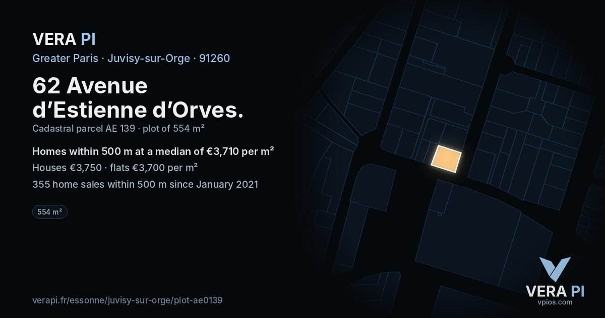 62 Avenue d’Estienne d’Orves, Juvisy-sur-Orge at night – the plot lit, the parcels around coloured by the prices near them