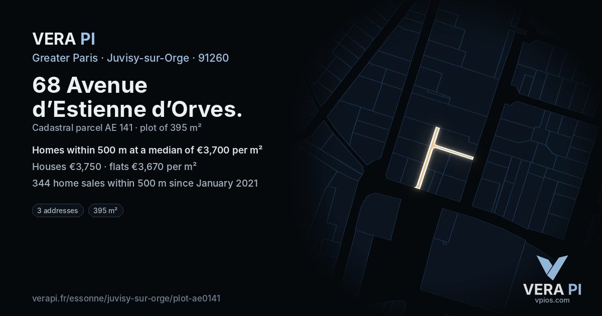 68 Avenue d’Estienne d’Orves, Juvisy-sur-Orge at night – the plot lit, the parcels around coloured by the prices near them
