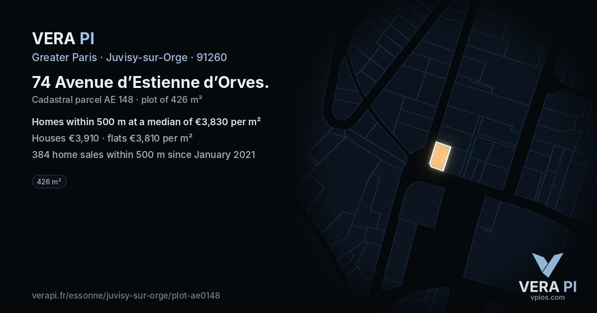 74 Avenue d’Estienne d’Orves, Juvisy-sur-Orge at night – the plot lit, the parcels around coloured by the prices near them