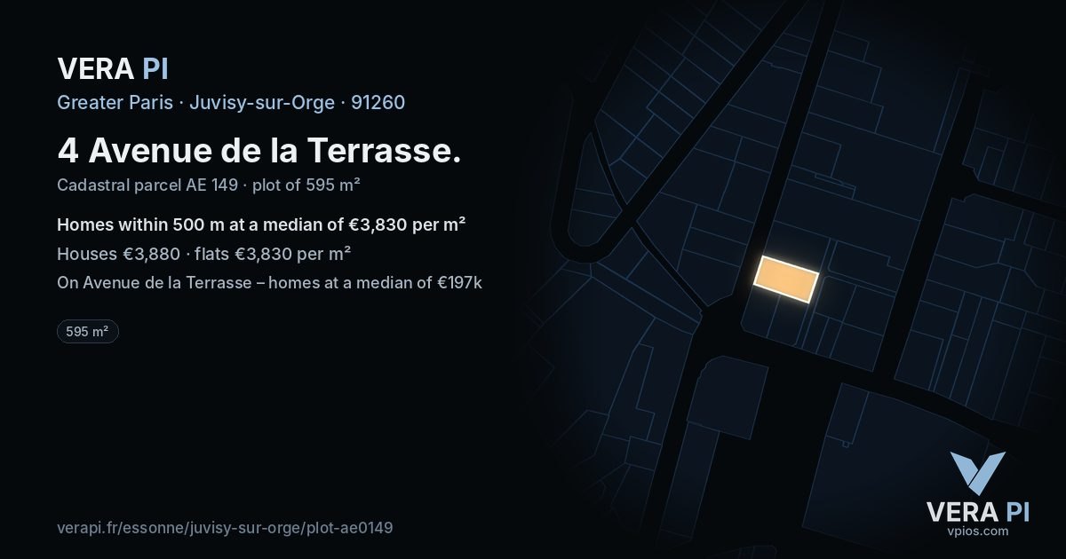 4 Avenue de la Terrasse, Juvisy-sur-Orge at night – the plot lit, the parcels around coloured by the prices near them
