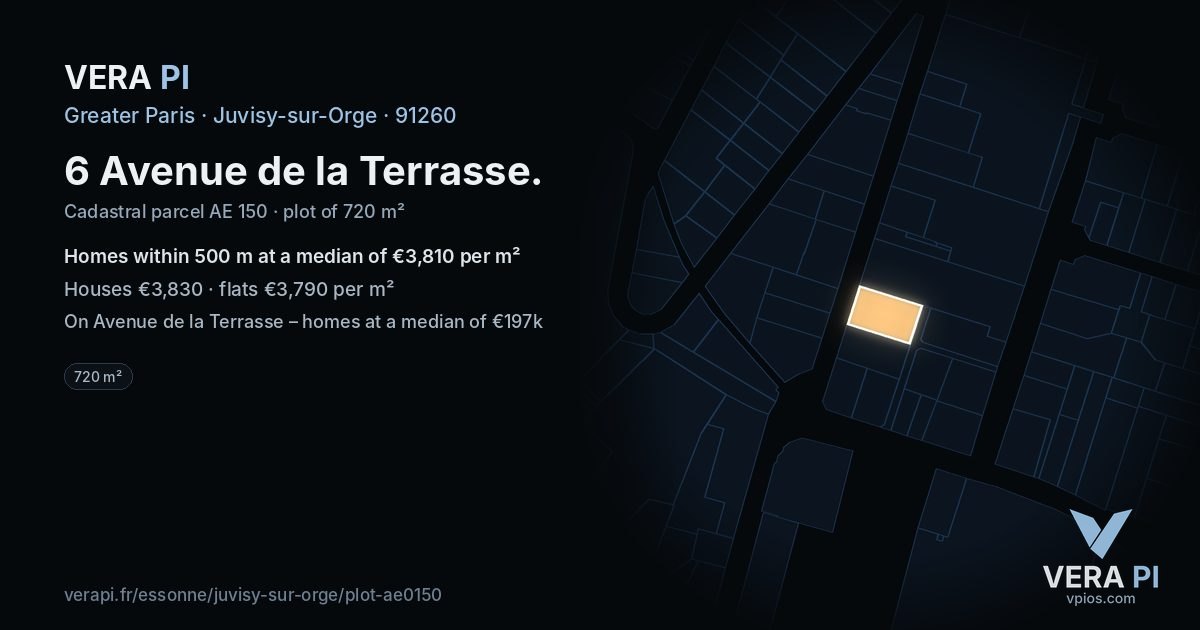 6 Avenue de la Terrasse, Juvisy-sur-Orge at night – the plot lit, the parcels around coloured by the prices near them