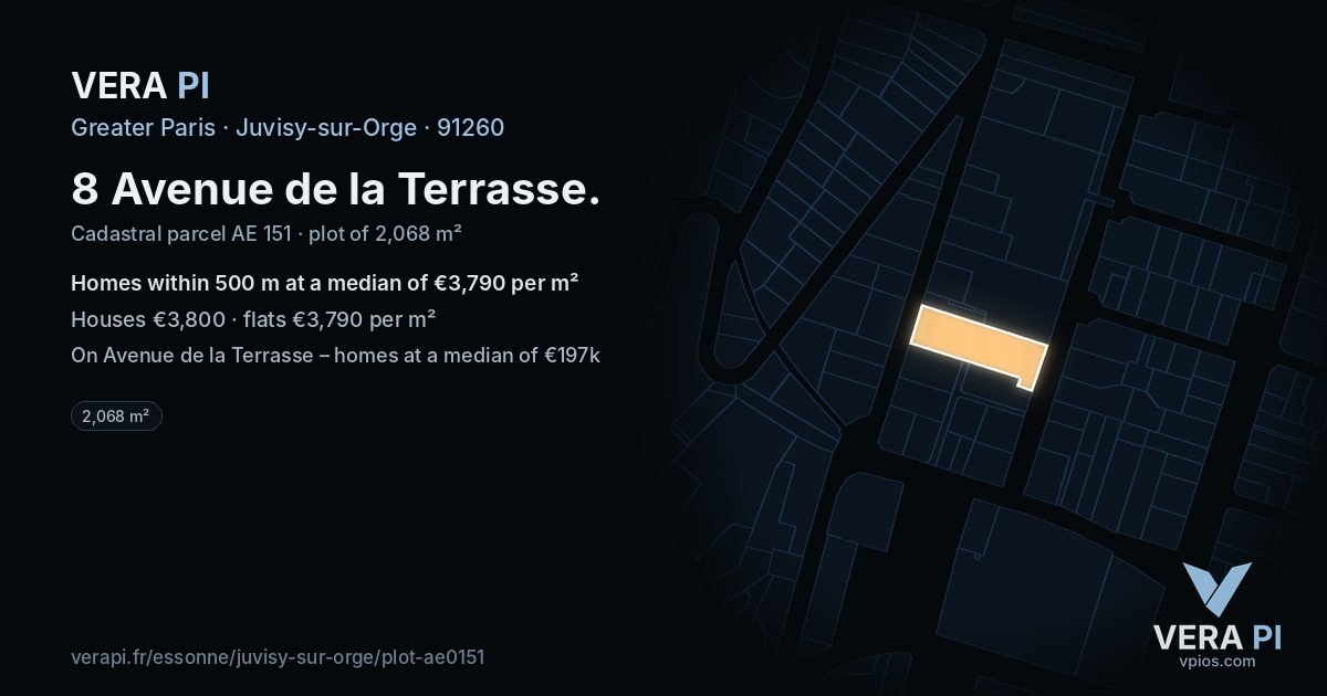 8 Avenue de la Terrasse, Juvisy-sur-Orge at night – the plot lit, the parcels around coloured by the prices near them