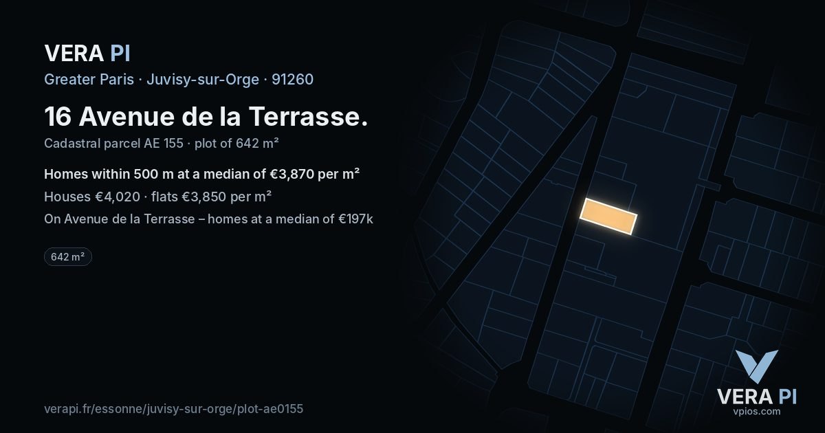 16 Avenue de la Terrasse, Juvisy-sur-Orge at night – the plot lit, the parcels around coloured by the prices near them