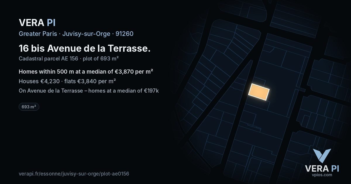 16 bis Avenue de la Terrasse, Juvisy-sur-Orge at night – the plot lit, the parcels around coloured by the prices near them