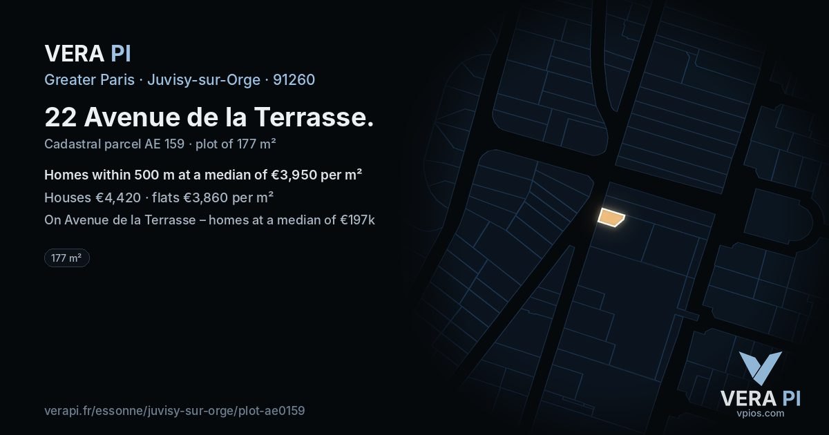 22 Avenue de la Terrasse, Juvisy-sur-Orge at night – the plot lit, the parcels around coloured by the prices near them