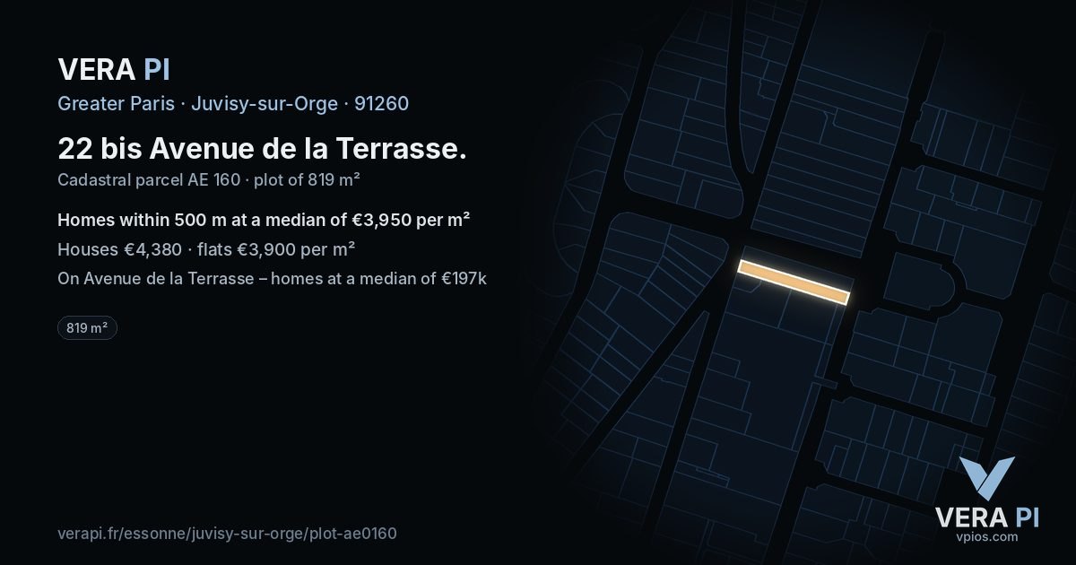 22 bis Avenue de la Terrasse, Juvisy-sur-Orge at night – the plot lit, the parcels around coloured by the prices near them