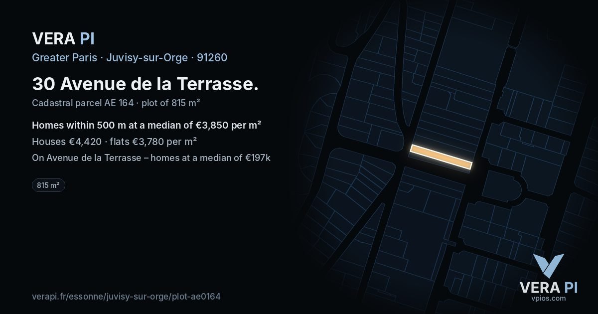 30 Avenue de la Terrasse, Juvisy-sur-Orge at night – the plot lit, the parcels around coloured by the prices near them
