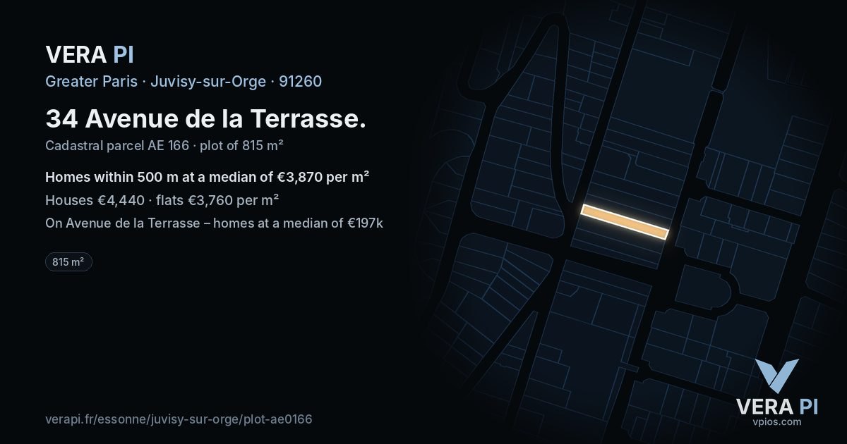 34 Avenue de la Terrasse, Juvisy-sur-Orge at night – the plot lit, the parcels around coloured by the prices near them