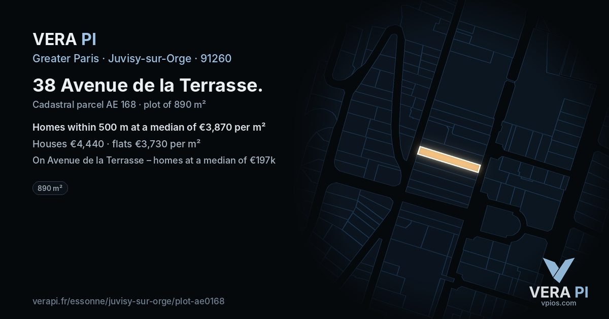 38 Avenue de la Terrasse, Juvisy-sur-Orge at night – the plot lit, the parcels around coloured by the prices near them