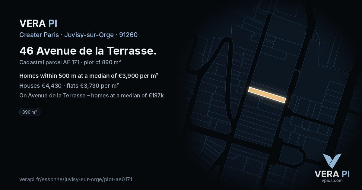 46 Avenue de la Terrasse, Juvisy-sur-Orge at night – the plot lit, the parcels around coloured by the prices near them