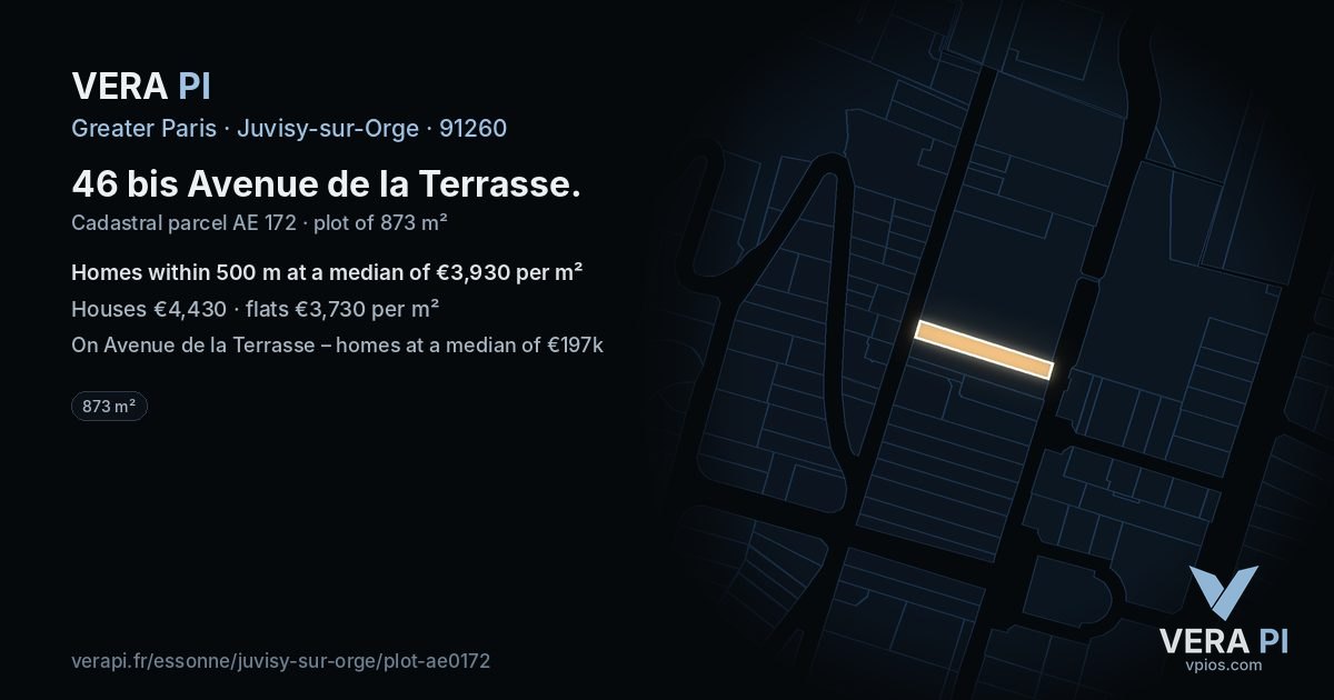 46 bis Avenue de la Terrasse, Juvisy-sur-Orge at night – the plot lit, the parcels around coloured by the prices near them
