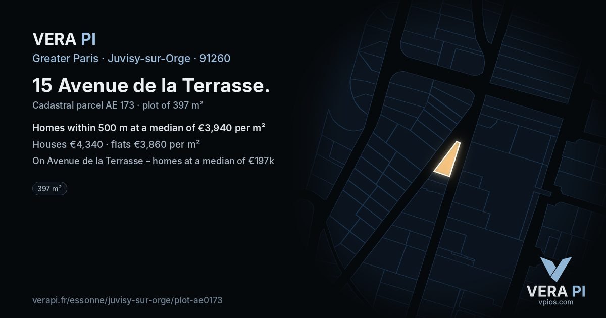 15 Avenue de la Terrasse, Juvisy-sur-Orge at night – the plot lit, the parcels around coloured by the prices near them