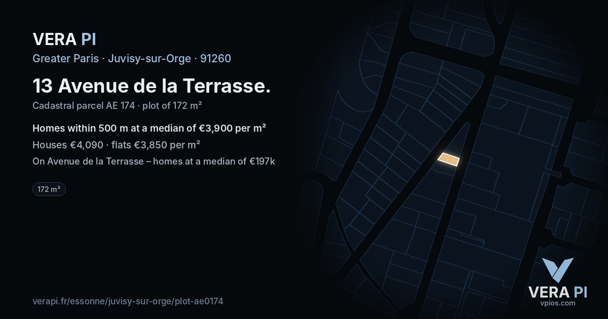 13 Avenue de la Terrasse, Juvisy-sur-Orge at night – the plot lit, the parcels around coloured by the prices near them