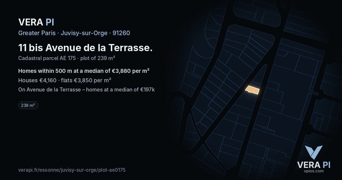 11 bis Avenue de la Terrasse, Juvisy-sur-Orge at night – the plot lit, the parcels around coloured by the prices near them