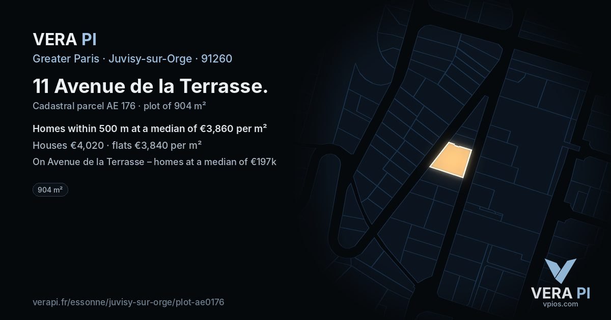11 Avenue de la Terrasse, Juvisy-sur-Orge at night – the plot lit, the parcels around coloured by the prices near them