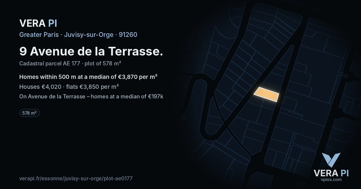 9 Avenue de la Terrasse, Juvisy-sur-Orge at night – the plot lit, the parcels around coloured by the prices near them