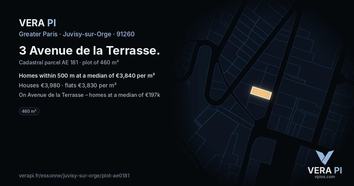 3 Avenue de la Terrasse, Juvisy-sur-Orge at night – the plot lit, the parcels around coloured by the prices near them