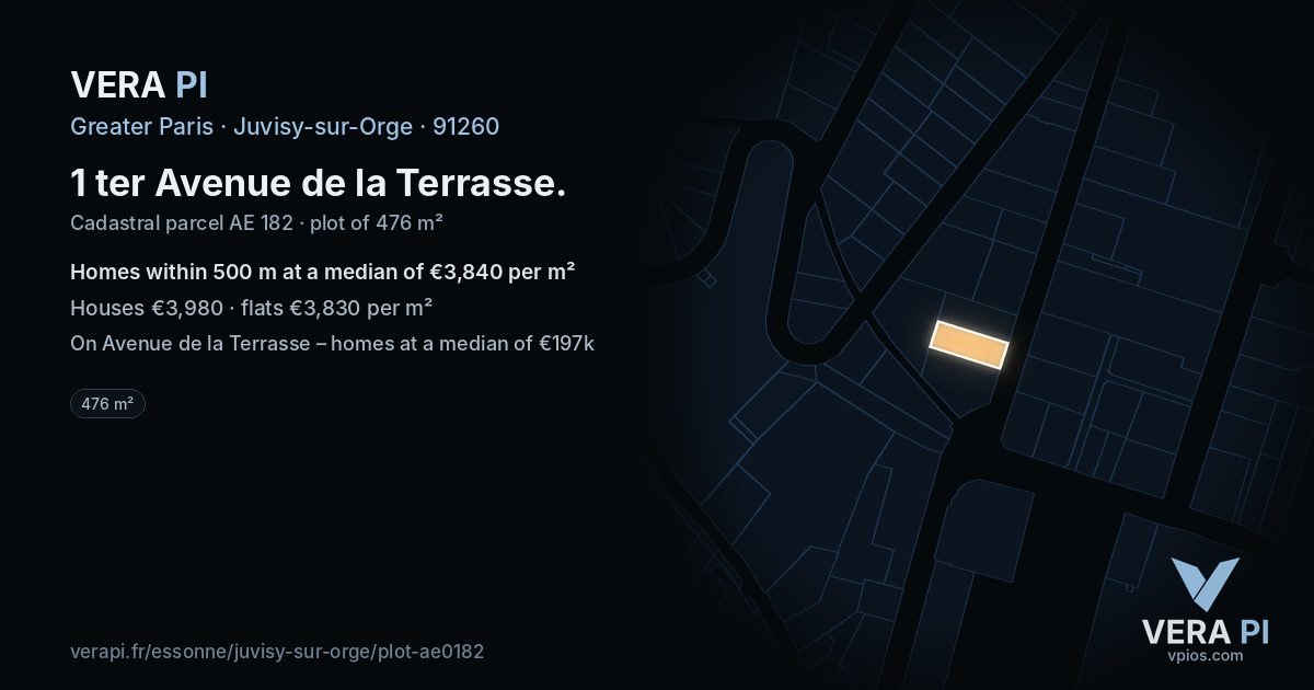 1 ter Avenue de la Terrasse, Juvisy-sur-Orge at night – the plot lit, the parcels around coloured by the prices near them
