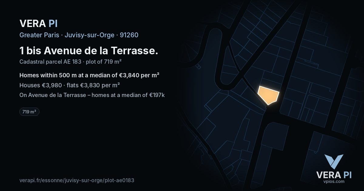 1 bis Avenue de la Terrasse, Juvisy-sur-Orge at night – the plot lit, the parcels around coloured by the prices near them