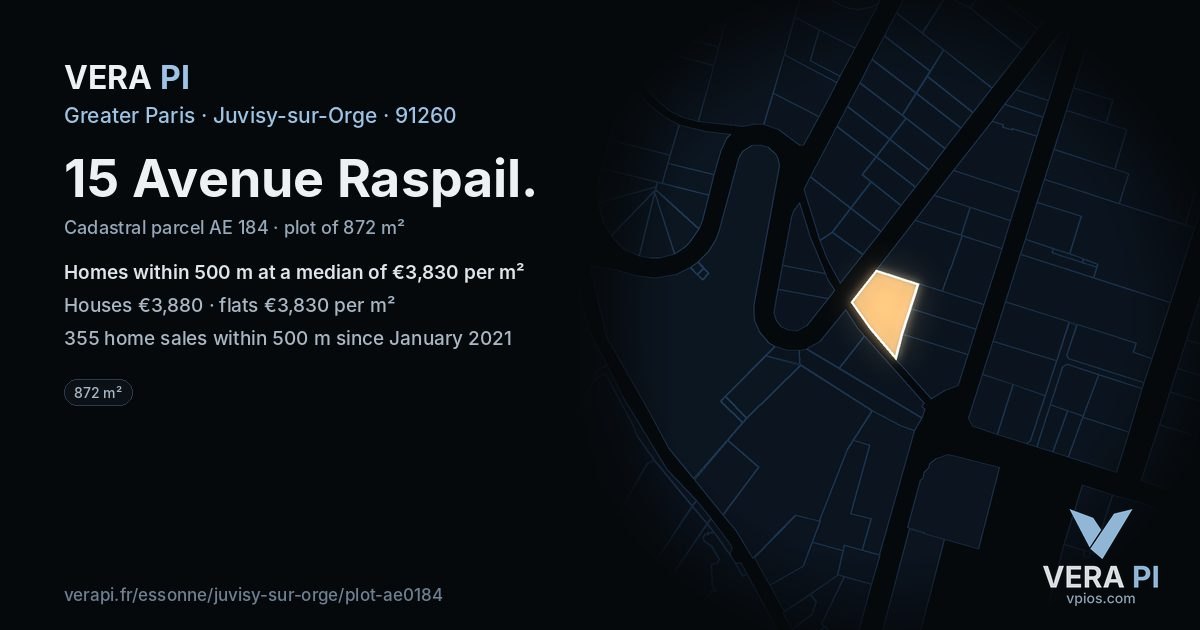 15 Avenue Raspail, Juvisy-sur-Orge at night – the plot lit, the parcels around coloured by the prices near them