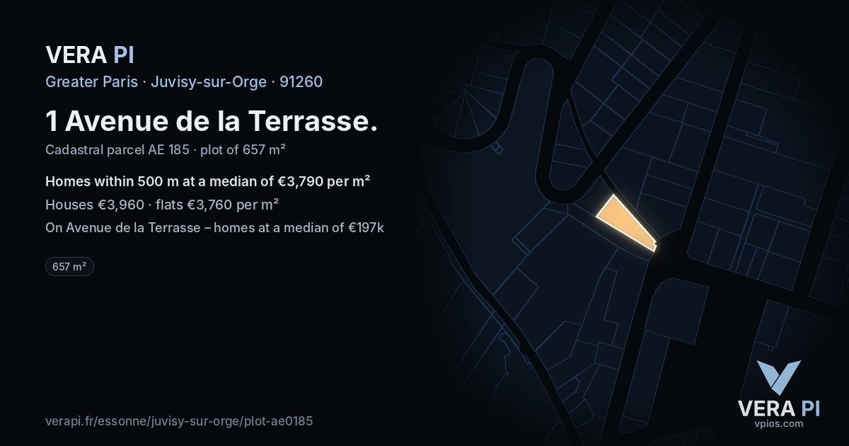 1 Avenue de la Terrasse, Juvisy-sur-Orge at night – the plot lit, the parcels around coloured by the prices near them
