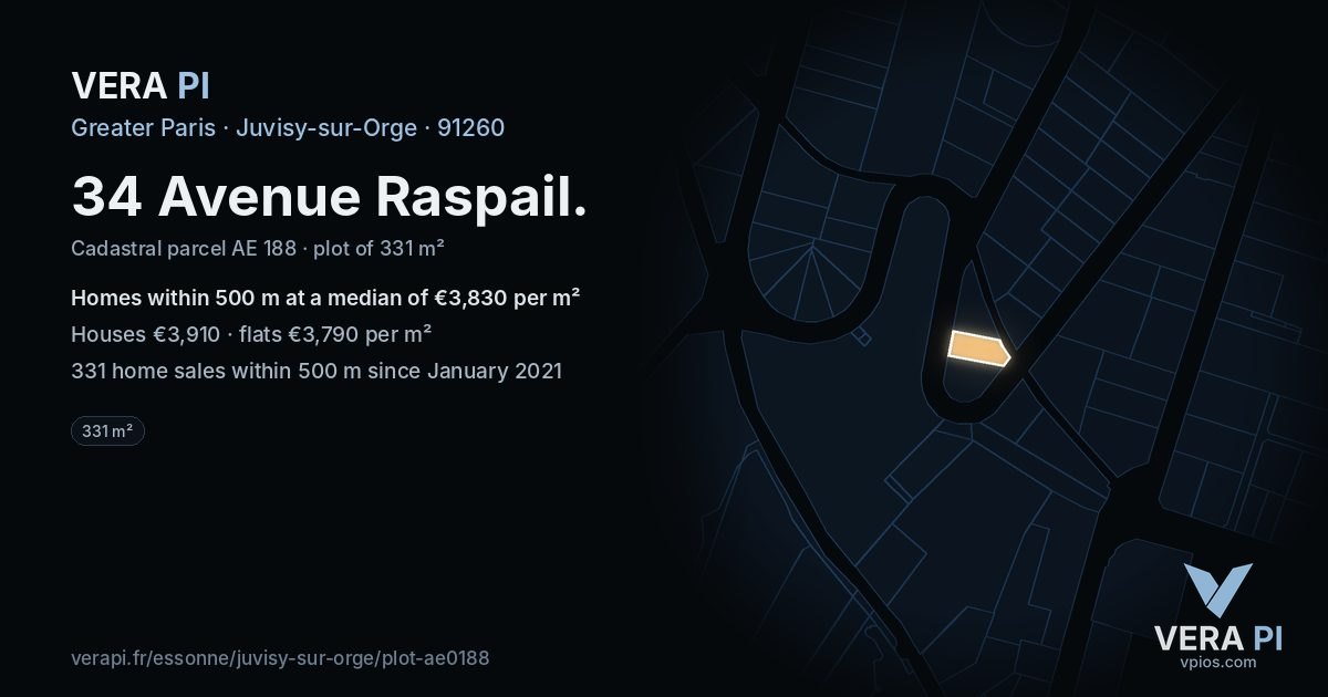 34 Avenue Raspail, Juvisy-sur-Orge at night – the plot lit, the parcels around coloured by the prices near them