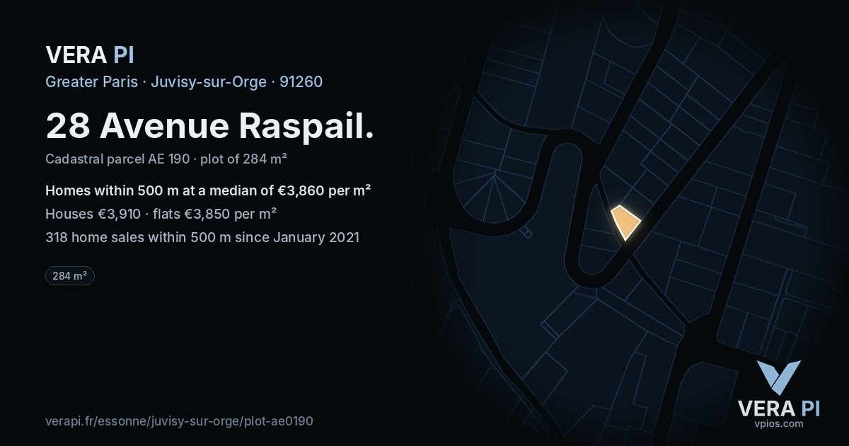 28 Avenue Raspail, Juvisy-sur-Orge at night – the plot lit, the parcels around coloured by the prices near them