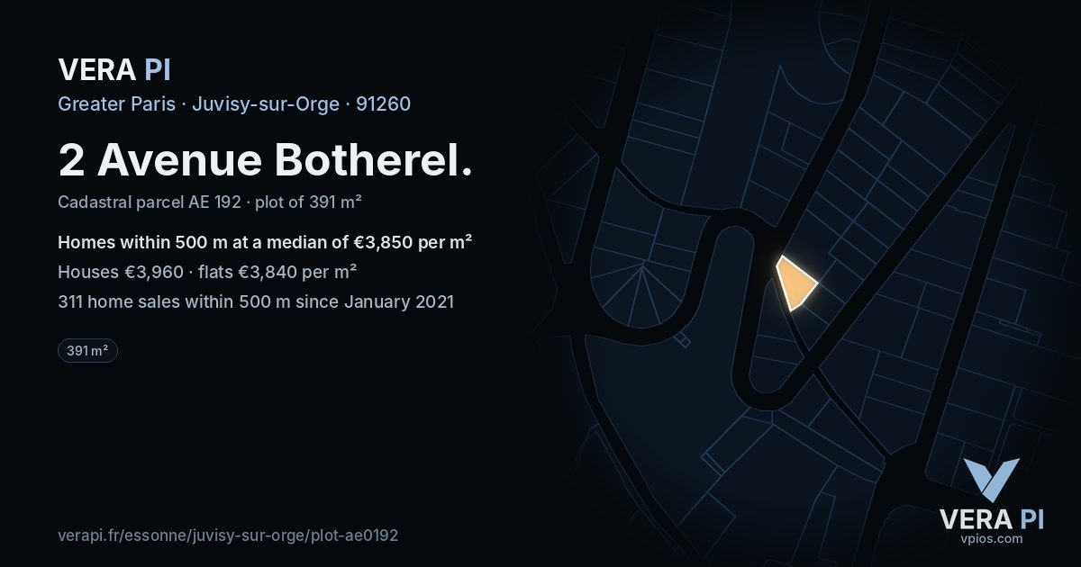 2 Avenue Botherel, Juvisy-sur-Orge at night – the plot lit, the parcels around coloured by the prices near them