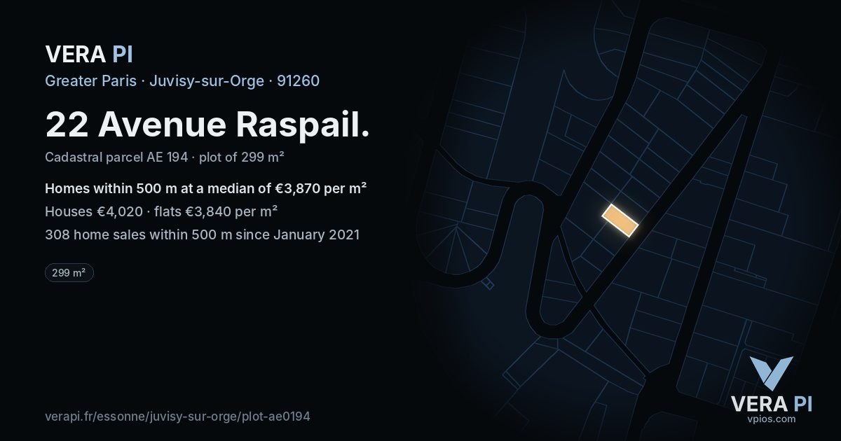 22 Avenue Raspail, Juvisy-sur-Orge at night – the plot lit, the parcels around coloured by the prices near them