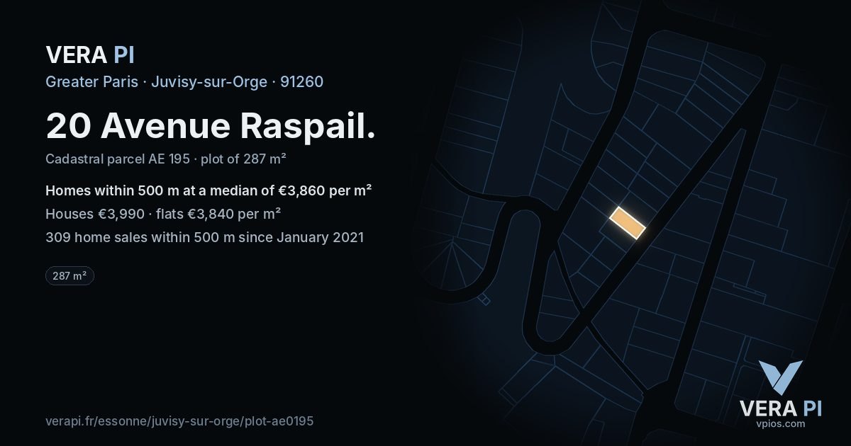 20 Avenue Raspail, Juvisy-sur-Orge at night – the plot lit, the parcels around coloured by the prices near them