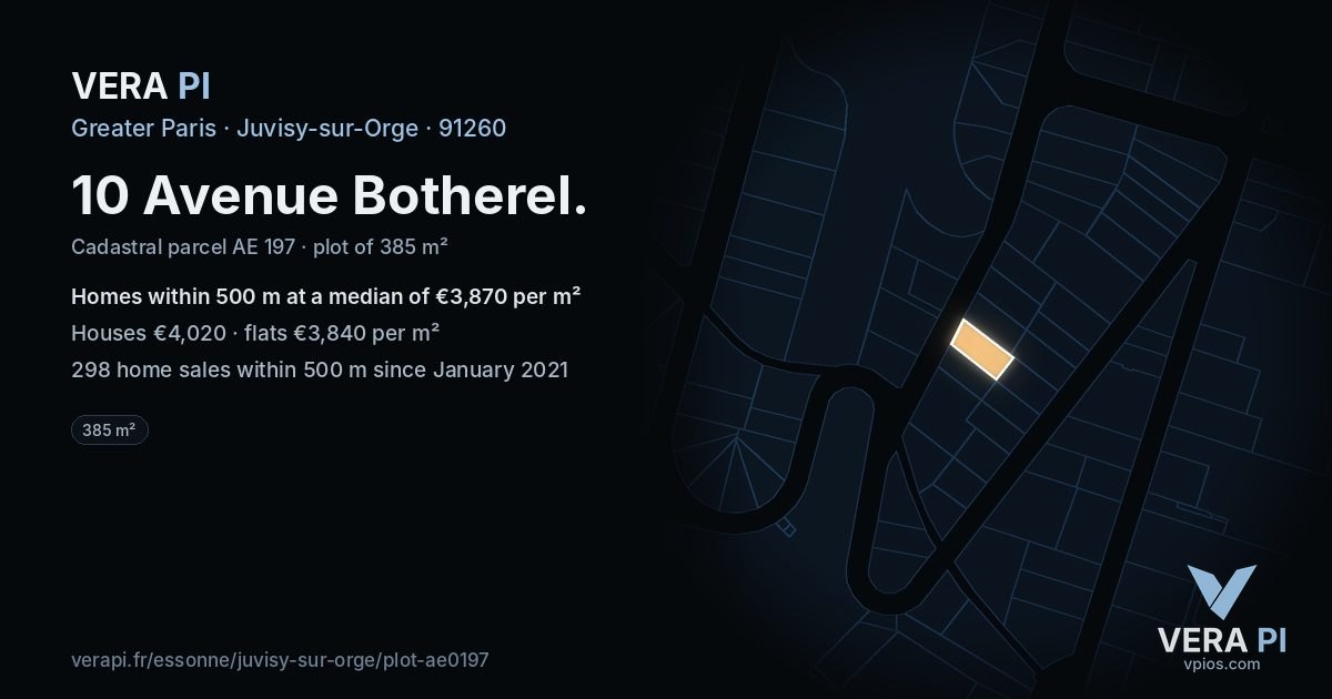 10 Avenue Botherel, Juvisy-sur-Orge at night – the plot lit, the parcels around coloured by the prices near them