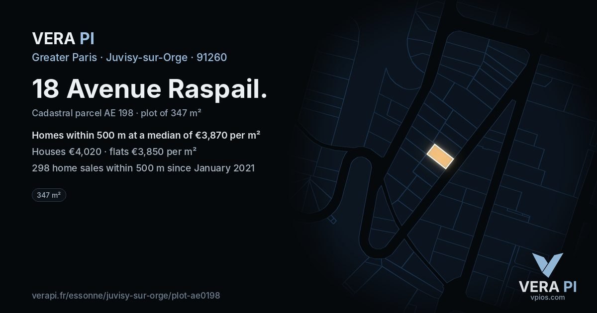 18 Avenue Raspail, Juvisy-sur-Orge at night – the plot lit, the parcels around coloured by the prices near them