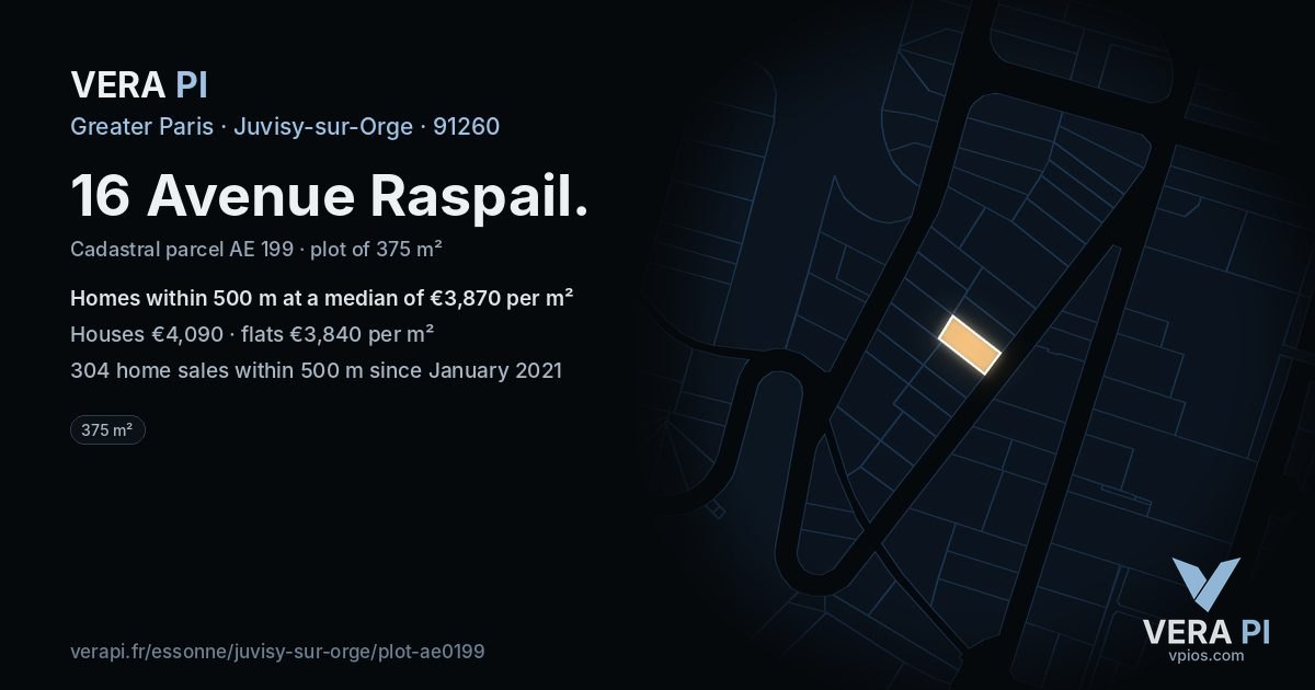 16 Avenue Raspail, Juvisy-sur-Orge at night – the plot lit, the parcels around coloured by the prices near them
