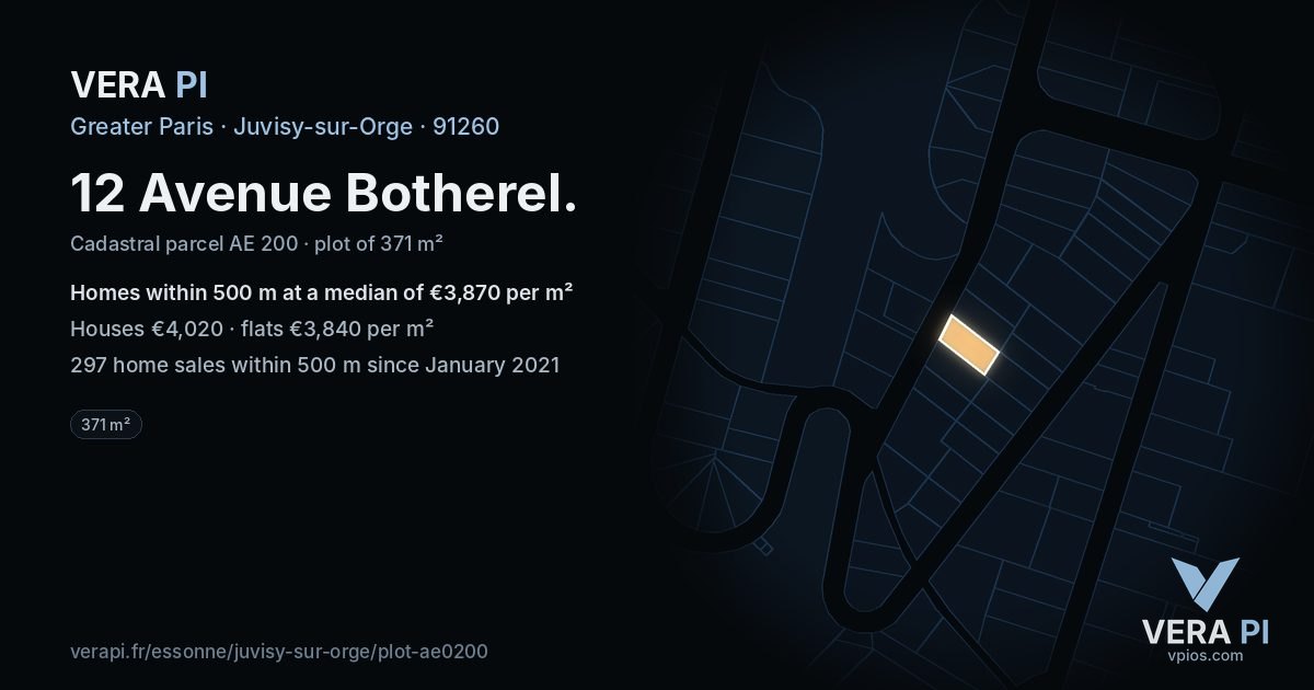 12 Avenue Botherel, Juvisy-sur-Orge at night – the plot lit, the parcels around coloured by the prices near them