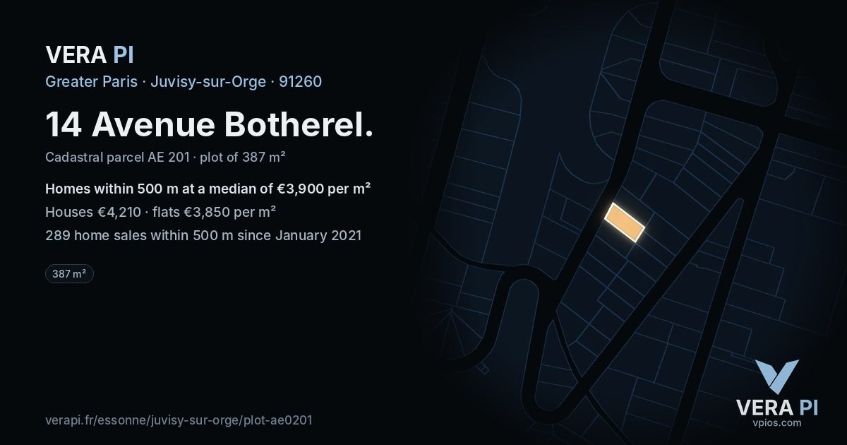14 Avenue Botherel, Juvisy-sur-Orge at night – the plot lit, the parcels around coloured by the prices near them