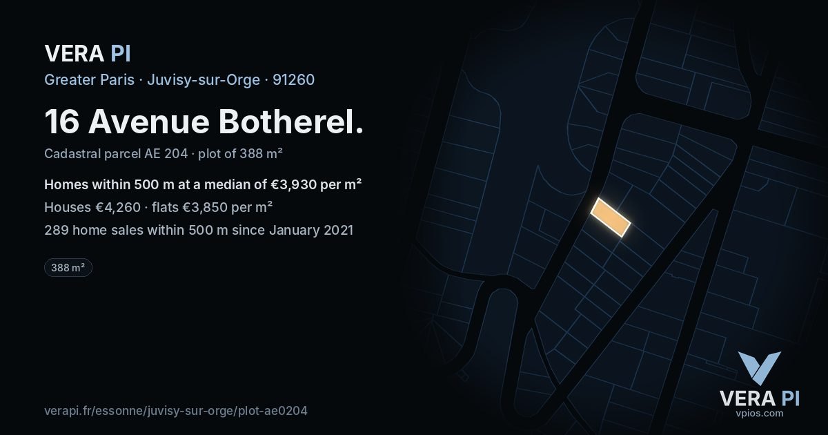 16 Avenue Botherel, Juvisy-sur-Orge at night – the plot lit, the parcels around coloured by the prices near them
