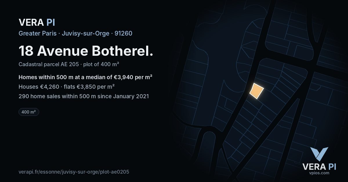 18 Avenue Botherel, Juvisy-sur-Orge at night – the plot lit, the parcels around coloured by the prices near them