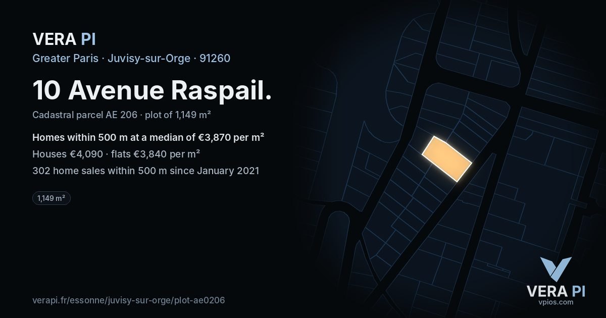 10 Avenue Raspail, Juvisy-sur-Orge at night – the plot lit, the parcels around coloured by the prices near them