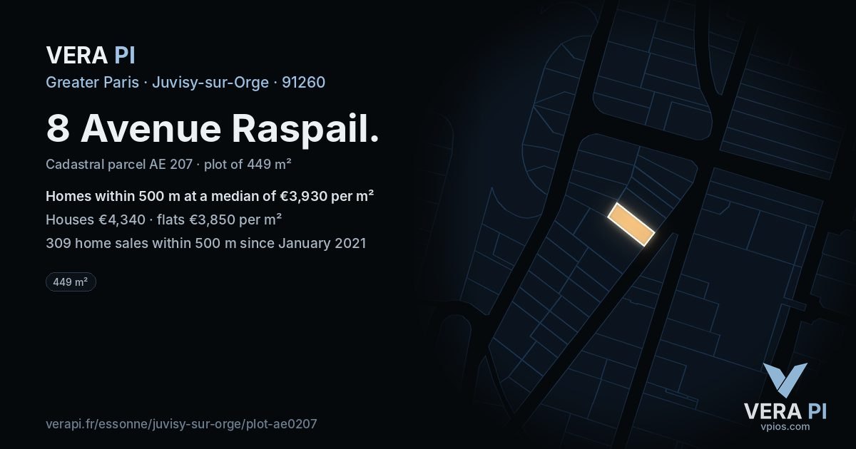 8 Avenue Raspail, Juvisy-sur-Orge at night – the plot lit, the parcels around coloured by the prices near them