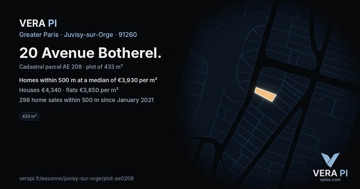 20 Avenue Botherel, Juvisy-sur-Orge at night – the plot lit, the parcels around coloured by the prices near them