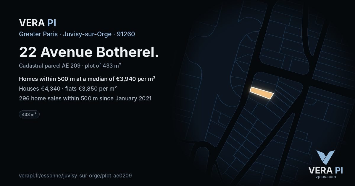 22 Avenue Botherel, Juvisy-sur-Orge at night – the plot lit, the parcels around coloured by the prices near them